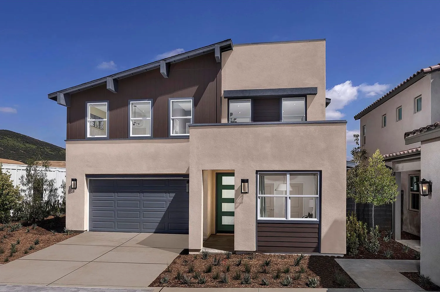 New construction single-family home exterior at Strata at Narra Hills in Fontana